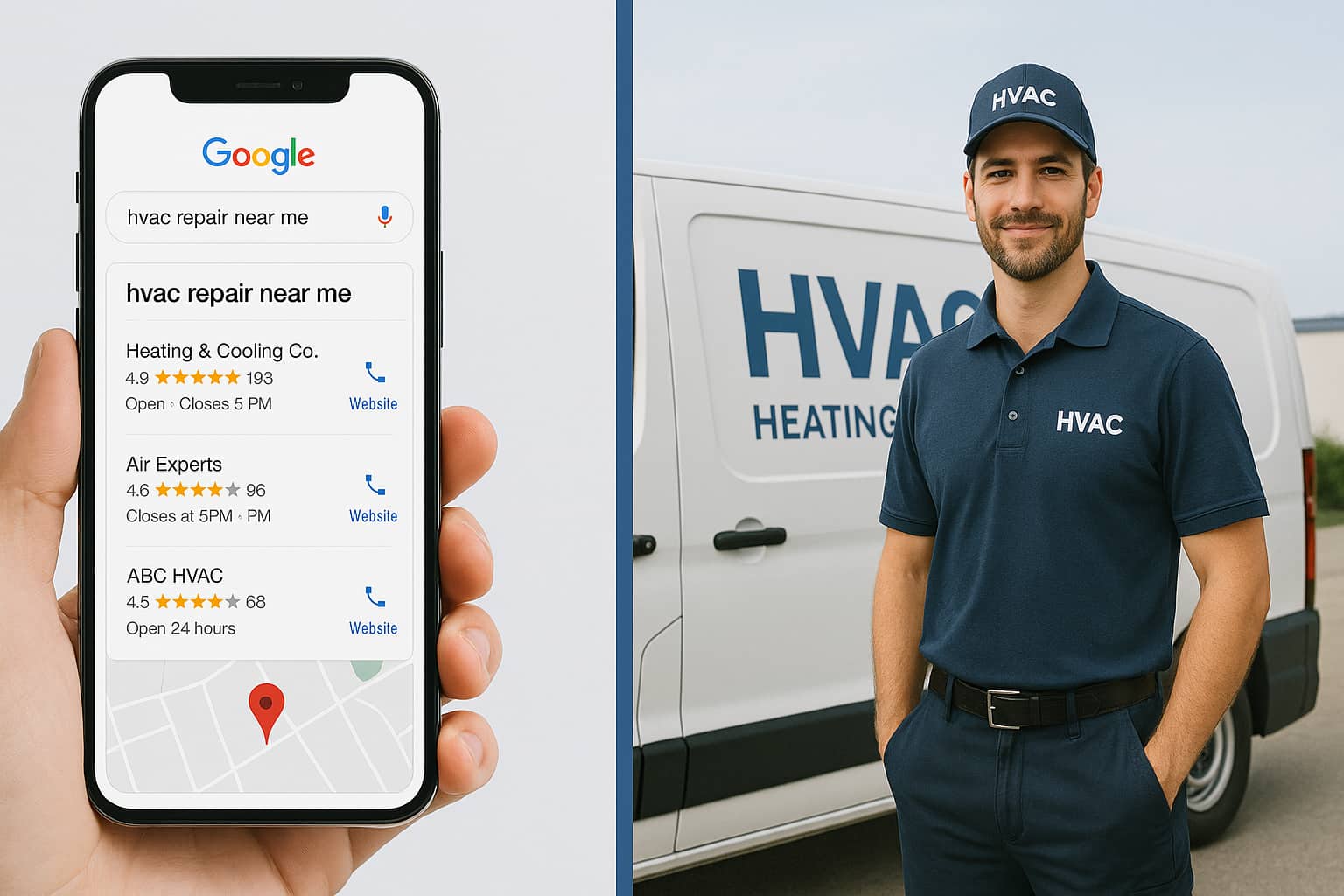 HVAC technician with service van next to Google Maps local search results showing how to get more HVAC leads from Google Maps.