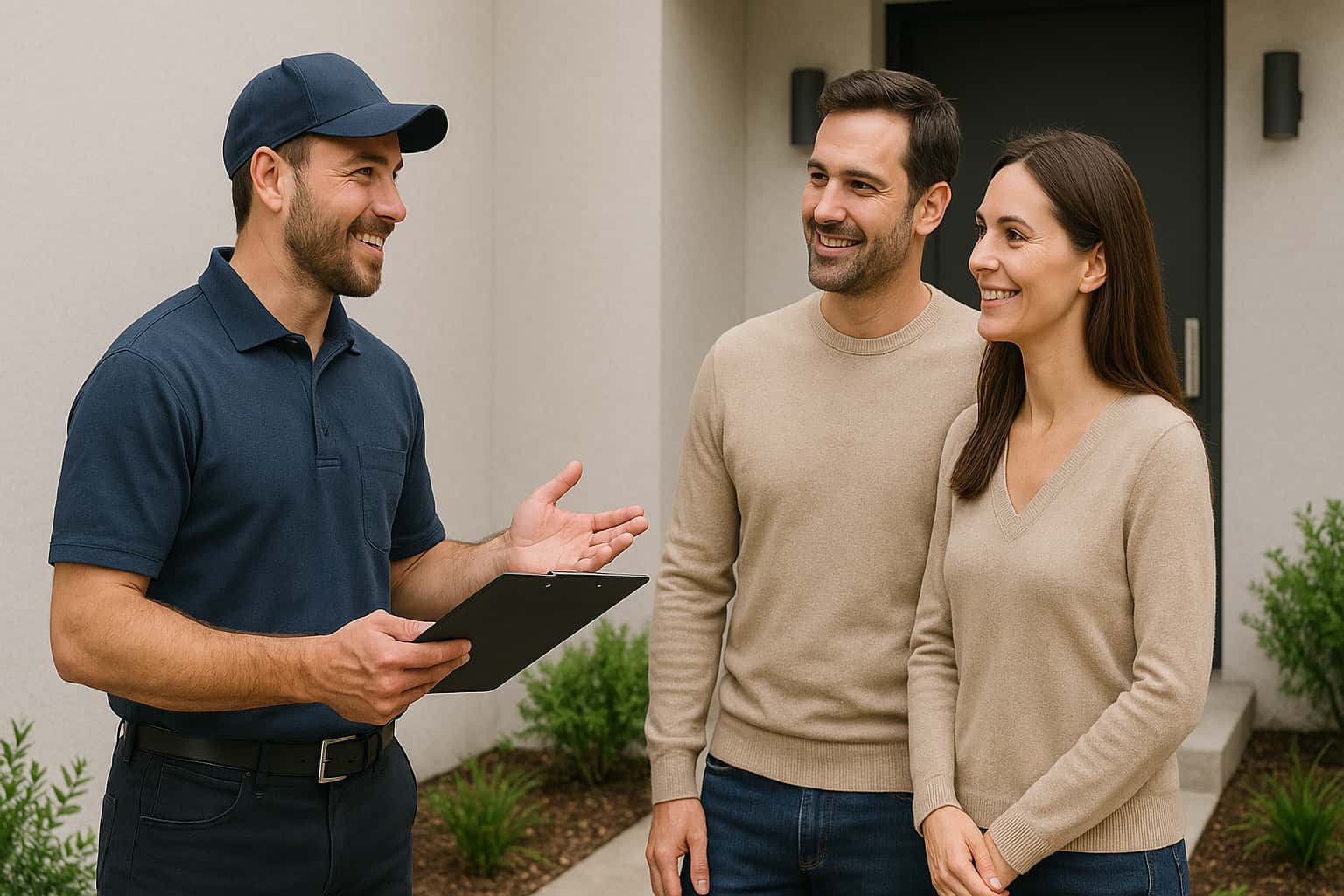 HVAC technician discussing services with smiling couple outside modern home, showcasing professional customer interaction and residential HVAC sales.