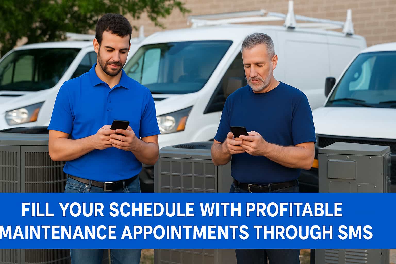 HVAC technicians using smartphones for SMS marketing while standing next to service trucks and equipment.