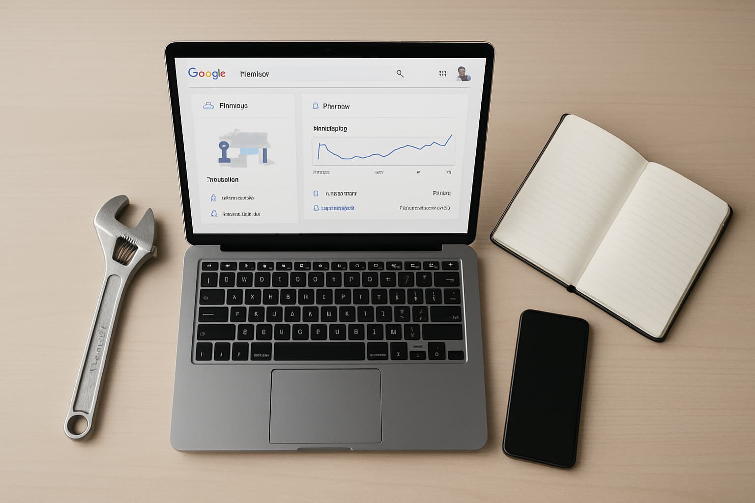 Flat lay of a laptop displaying a Google Business dashboard on a wooden desk, with a large adjustable wrench on the left, a blank open notebook on the right, and a smartphone below the notebook.