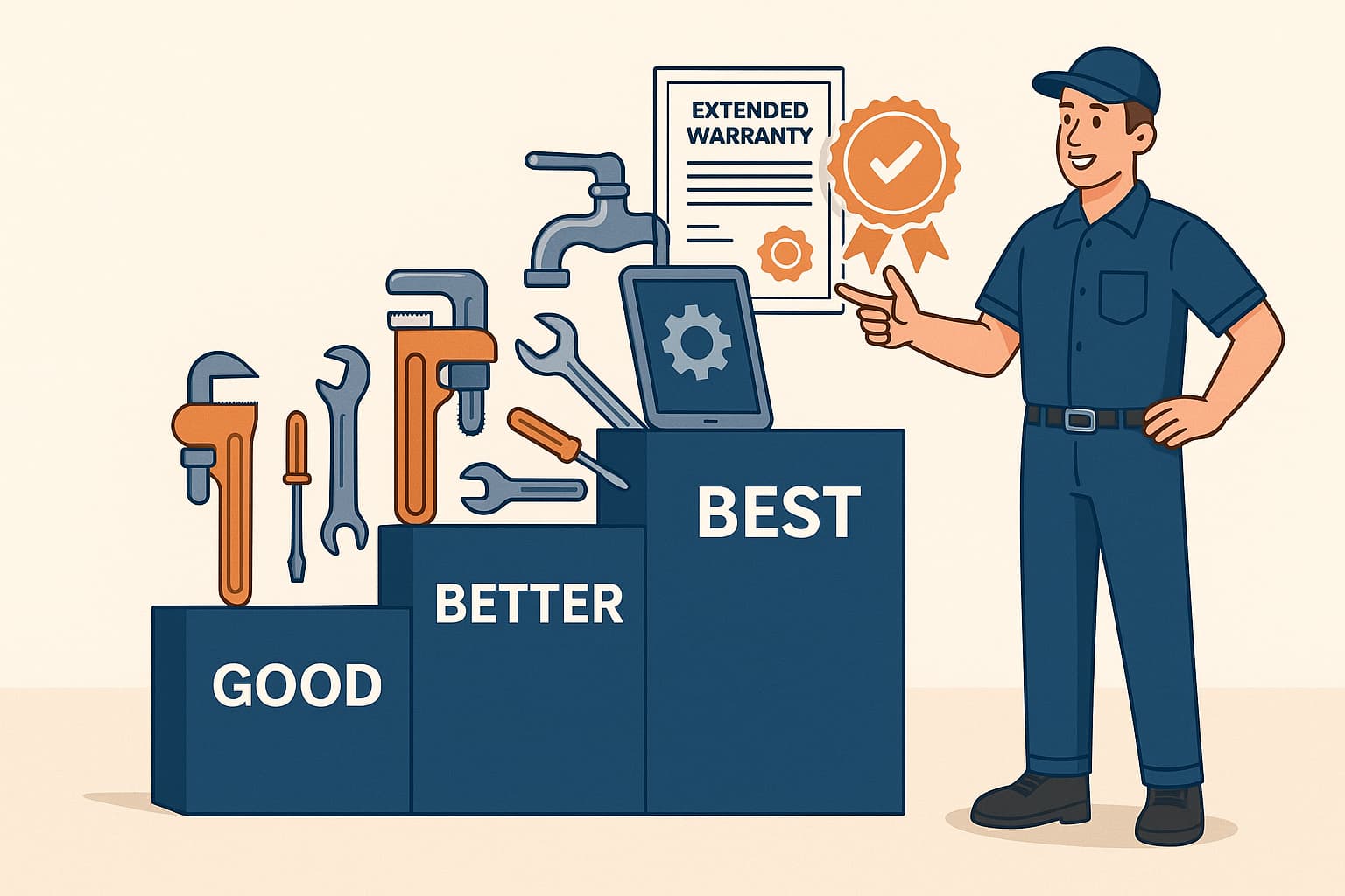 Illustration of a technician presenting three plumbing service tiers labeled Good, Better, and Best, with tools and icons showing increasing value, including a warranty certificate and checkmark badge.