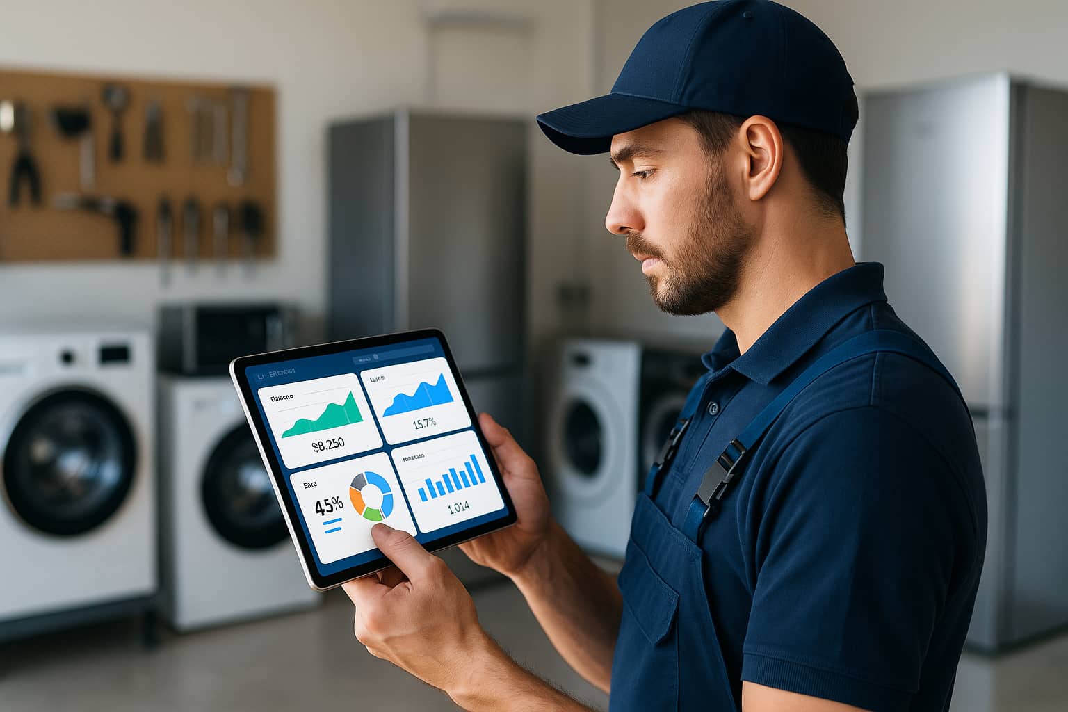 Appliance repair business owner reviewing key performance metrics and analytics on digital dashboard to track profitability and optimize operations.