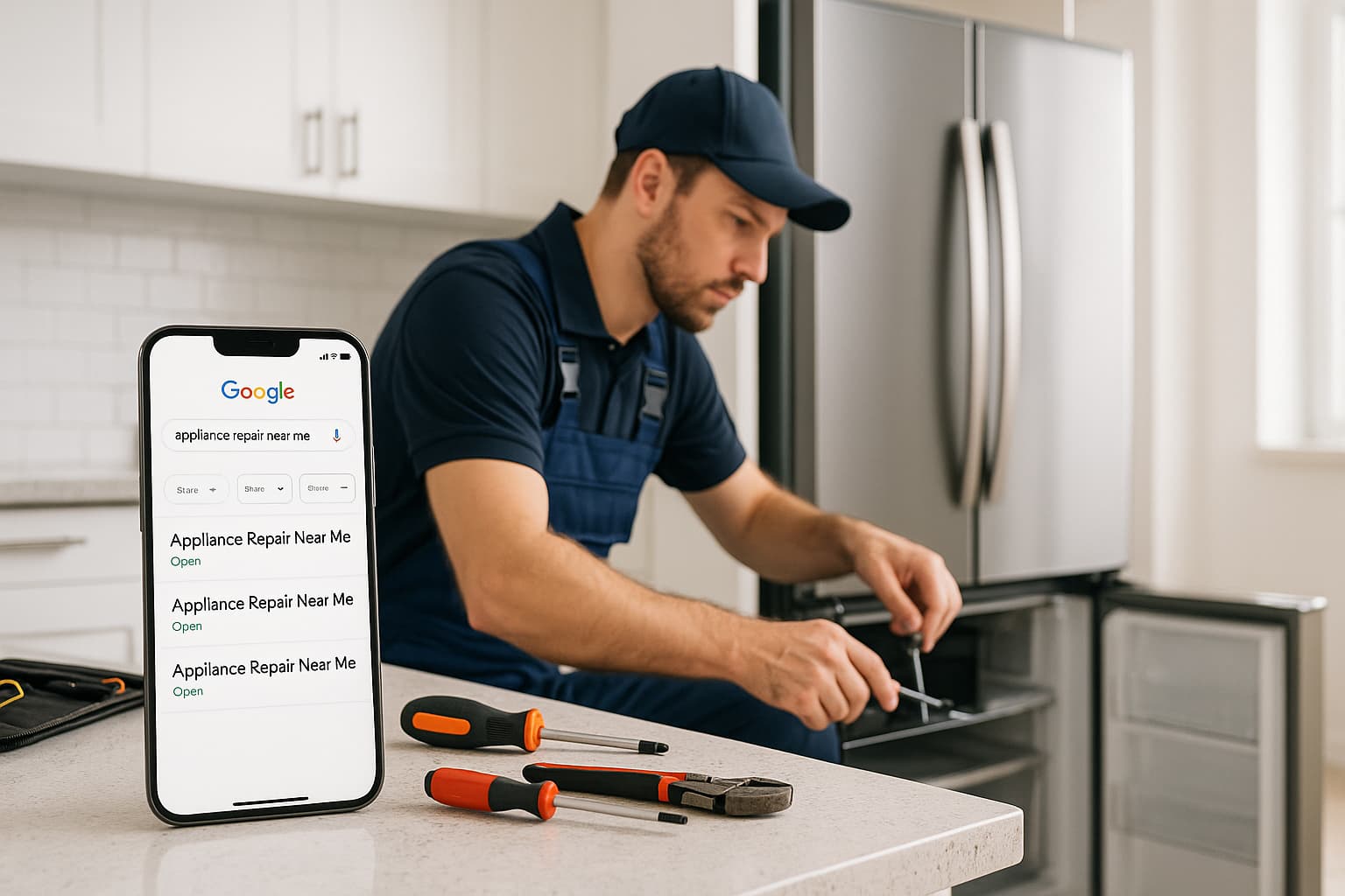Professional appliance repair technician generating free leads through local search optimization and quality service delivery.