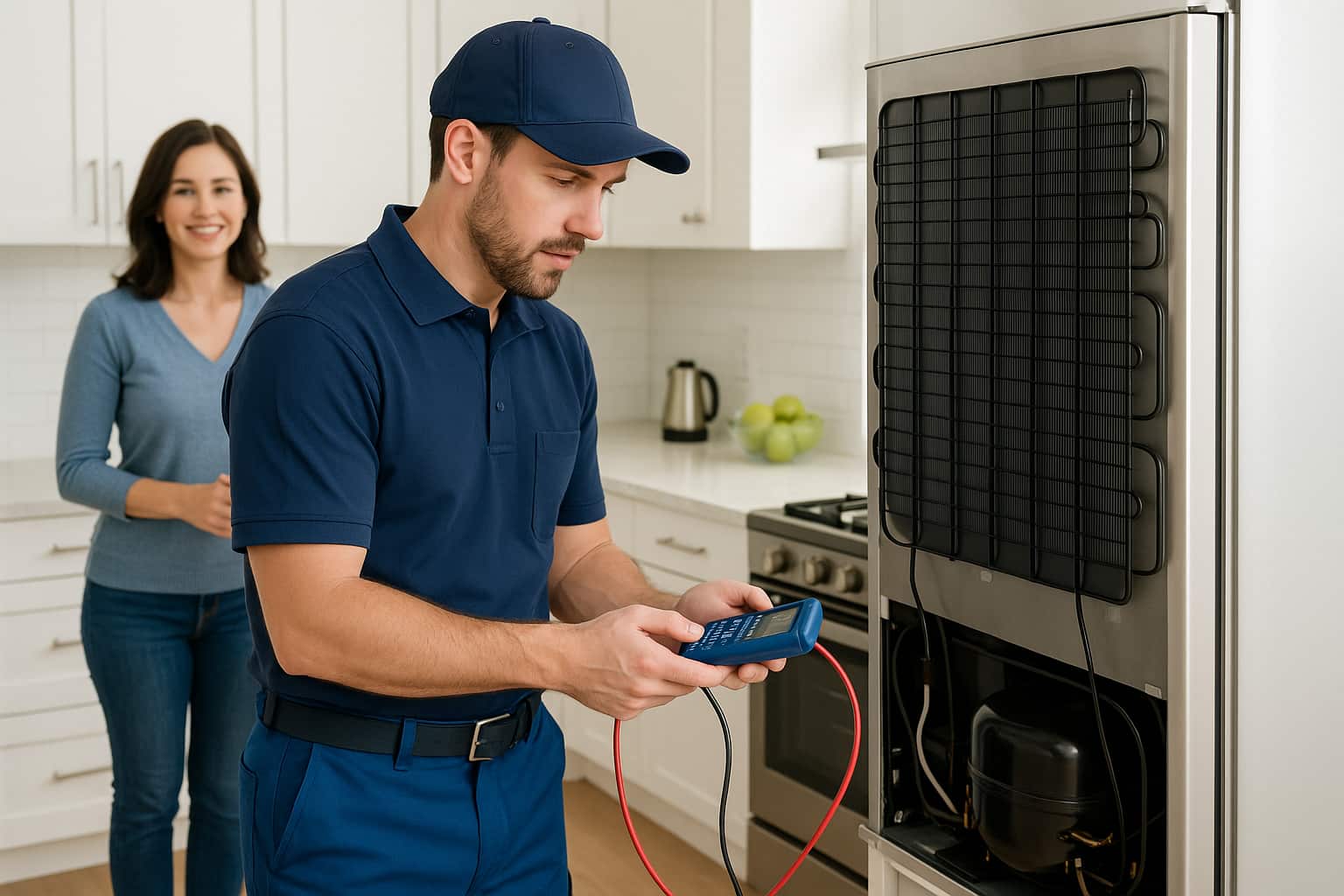 Professional appliance repair technician performing maintenance plan inspection on kitchen appliances to generate year-round revenue for repair businesses.