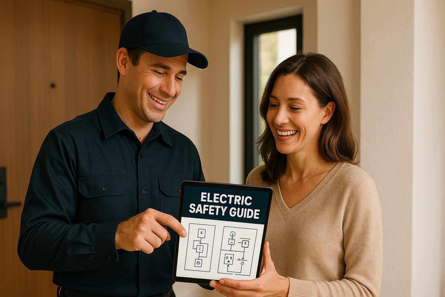 Electrician showing digital electric guide to homeowner for lead generation and electrical service marketing.
