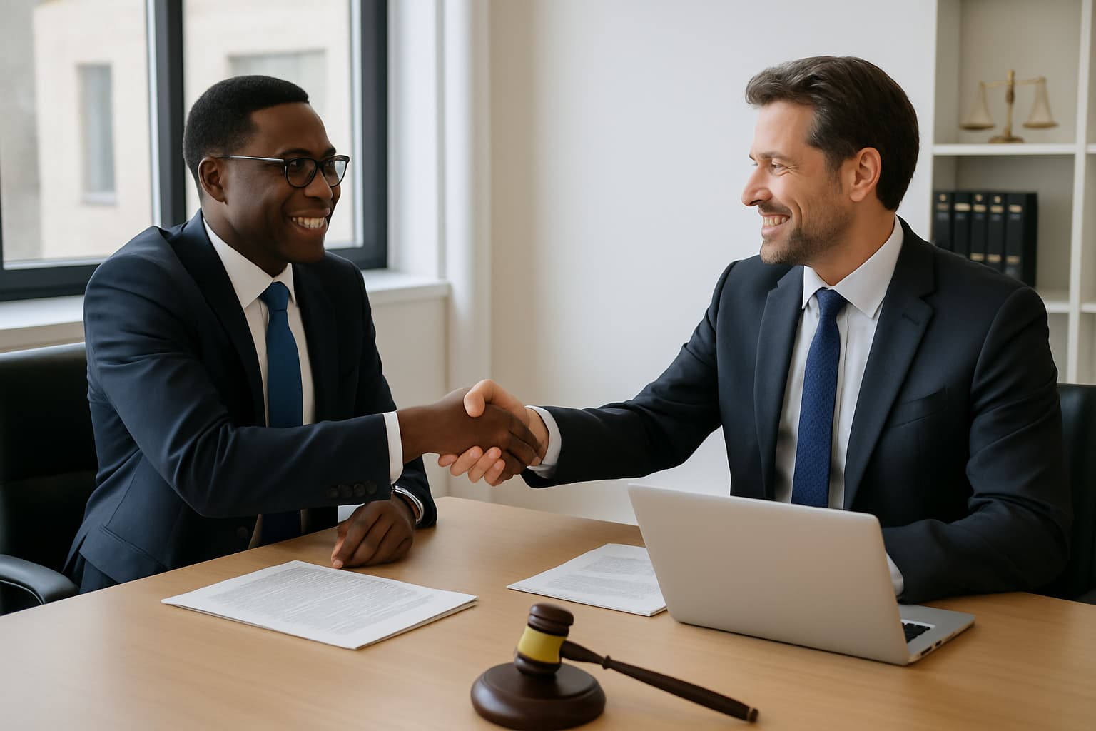 Personal injury attorneys building referral partnerships through professional networking and business relationship meetings.
