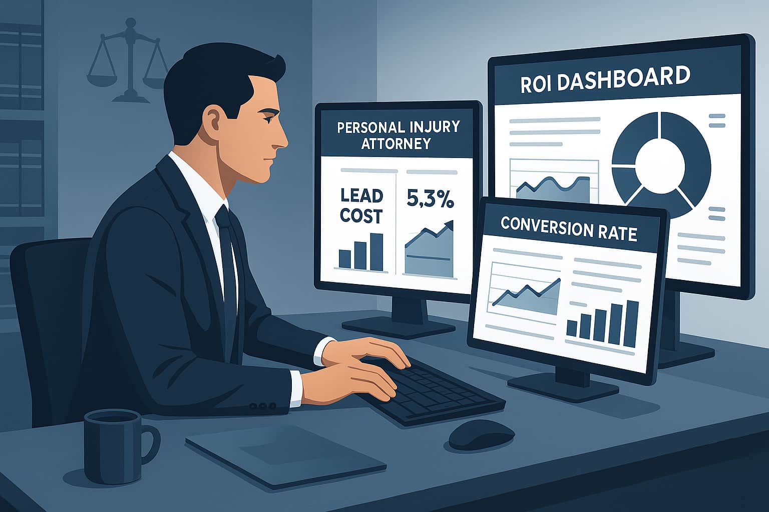 Personal injury attorney analyzing lead generation costs and marketing ROI on digital dashboard to reduce client acquisition expenses.