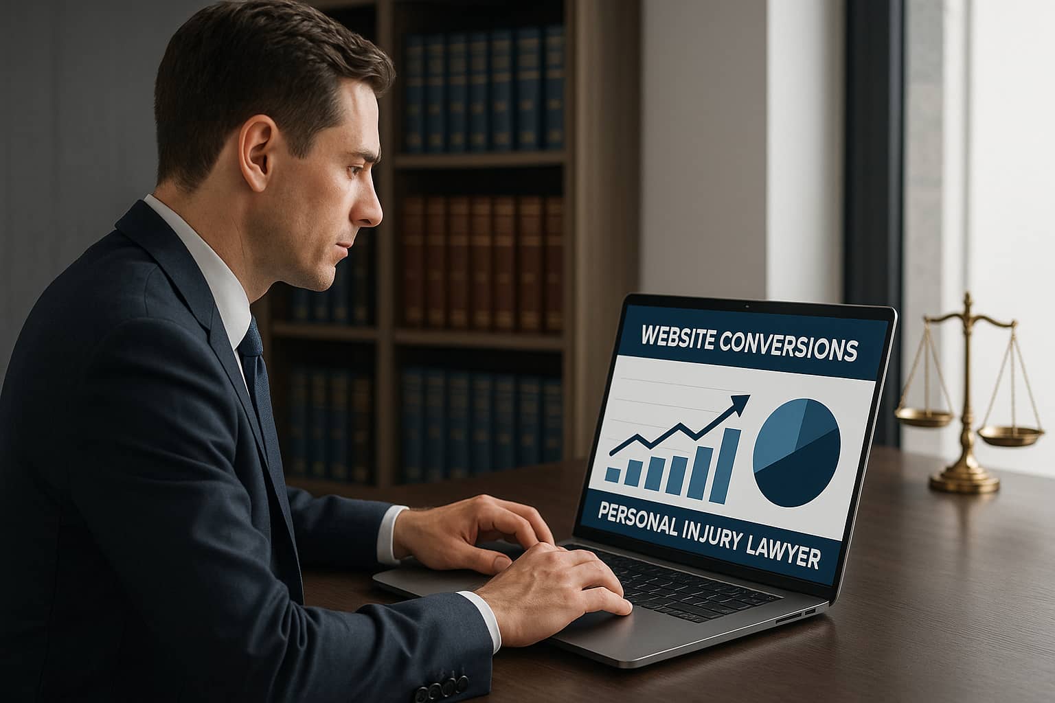 Personal injury lawyer optimizing website conversion rates on laptop showing analytics dashboard with increasing client leads.