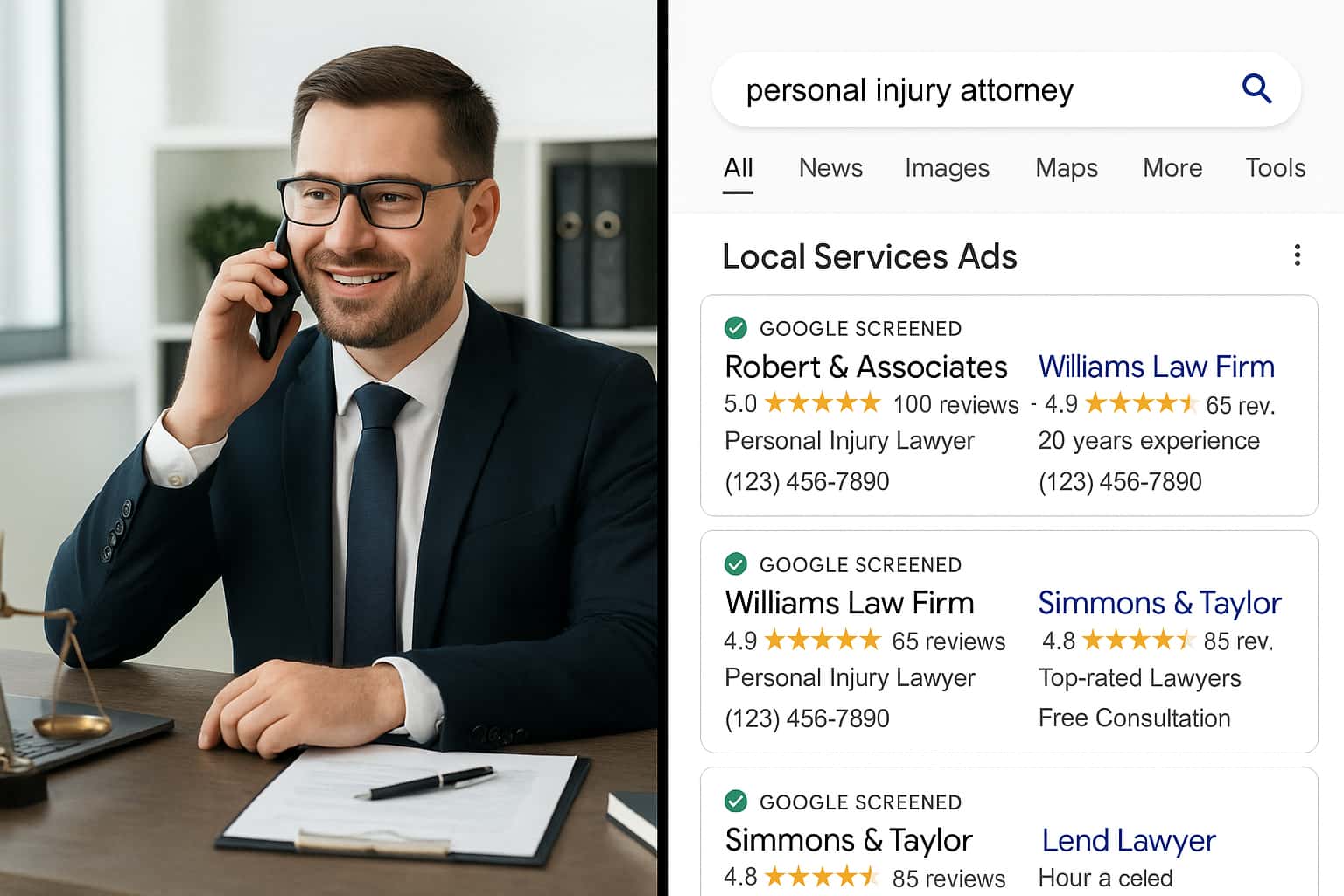 Personal injury attorney using Google Local Services Ads for digital marketing and lead generation, showing LSA placement at top of search results.
