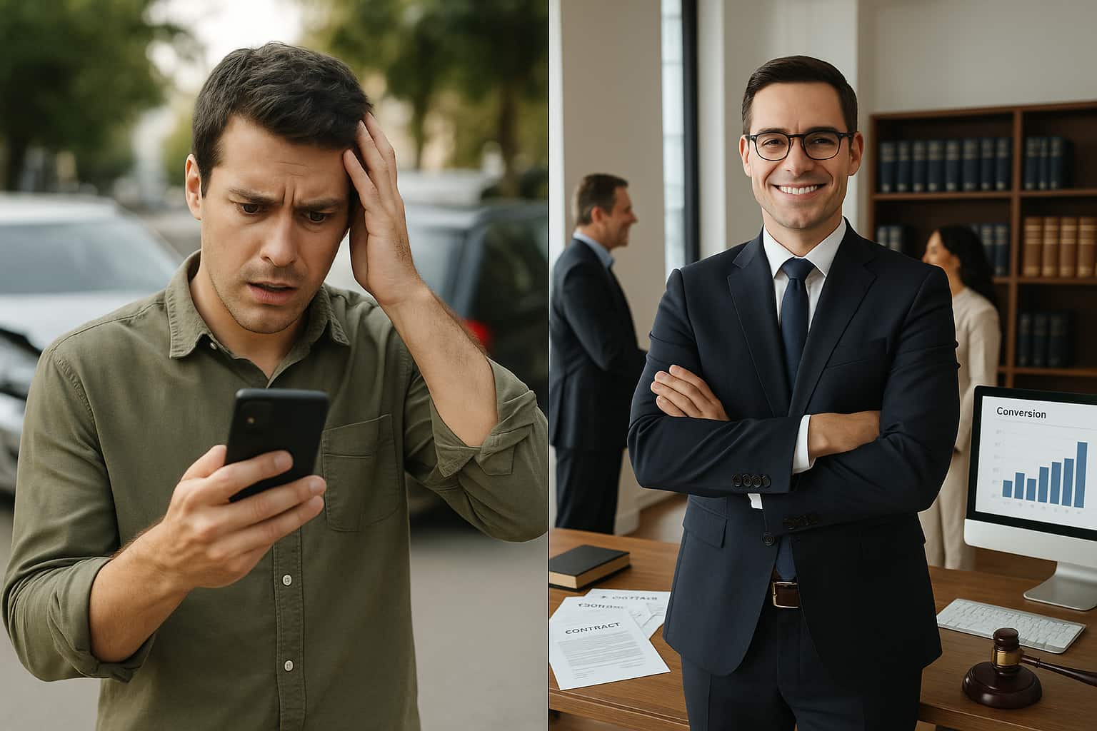 Personal injury lead conversion showing car accident victim connecting with experienced attorney for successful case resolution.