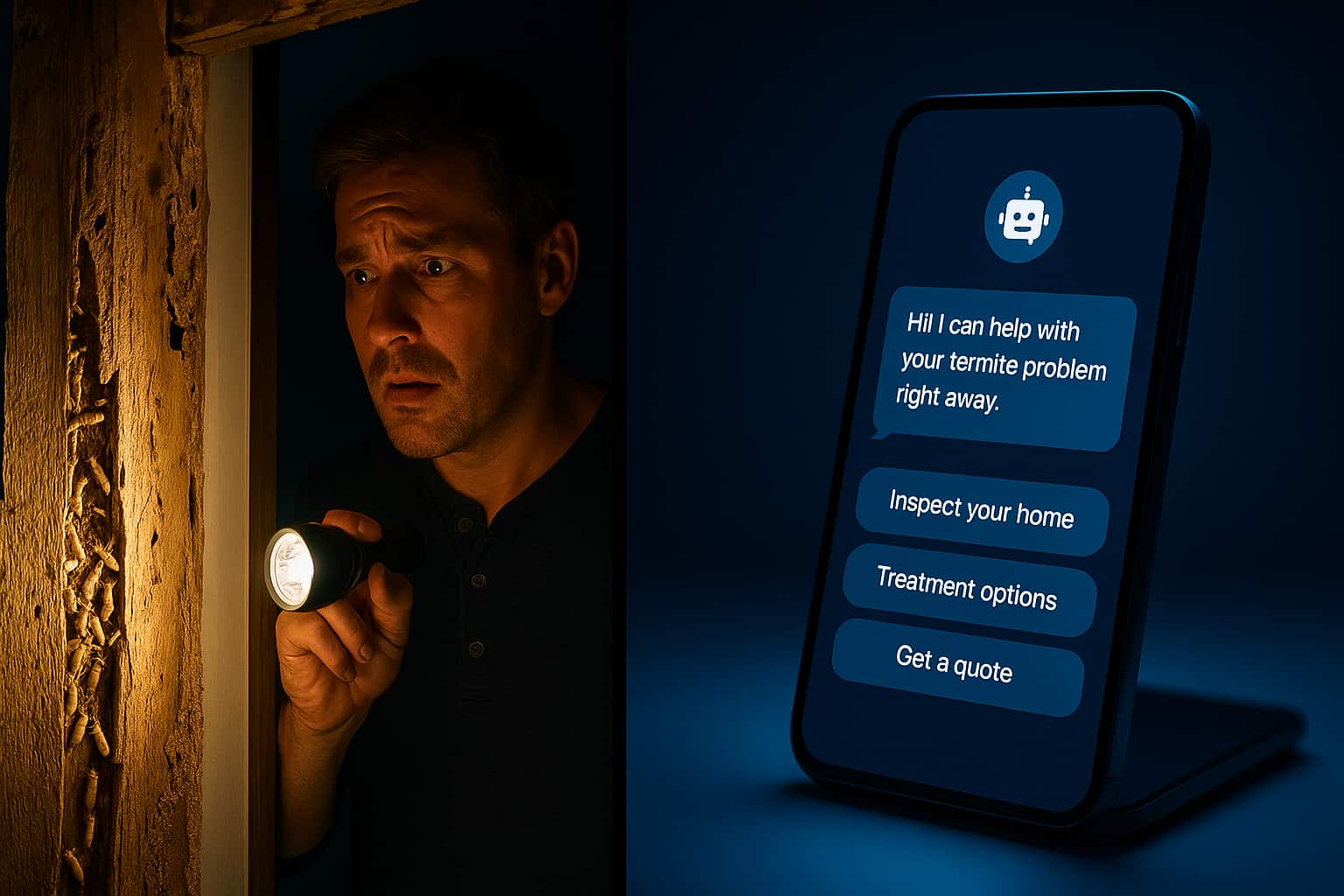 AI chatbot for pest control leads capturing emergency termite inquiry at night, showing 24/7 availability for pest control marketing.