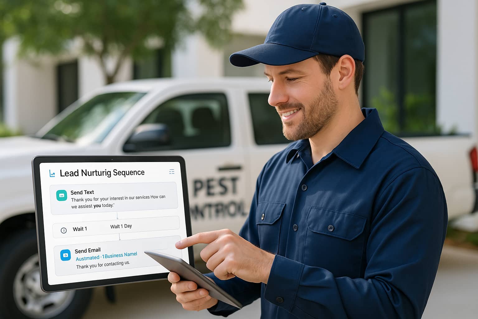 "Pest control marketing automation system showing text and email lead nurturing sequence for converting pest control leads.