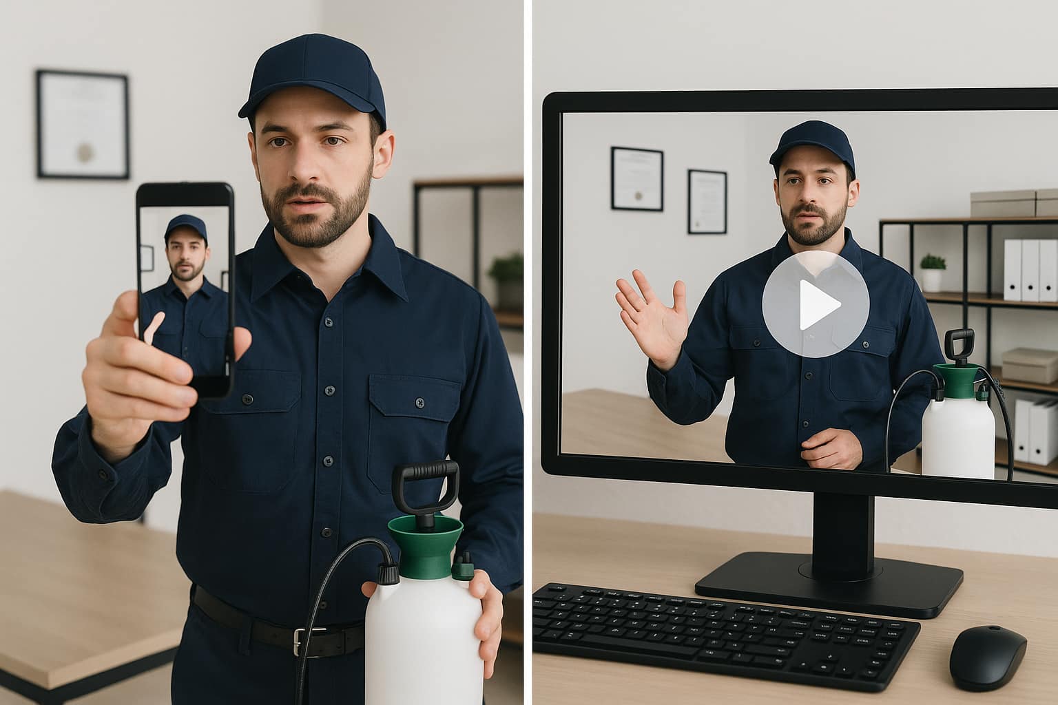 Pest control technician creating video marketing content to generate more leads for pest control business.