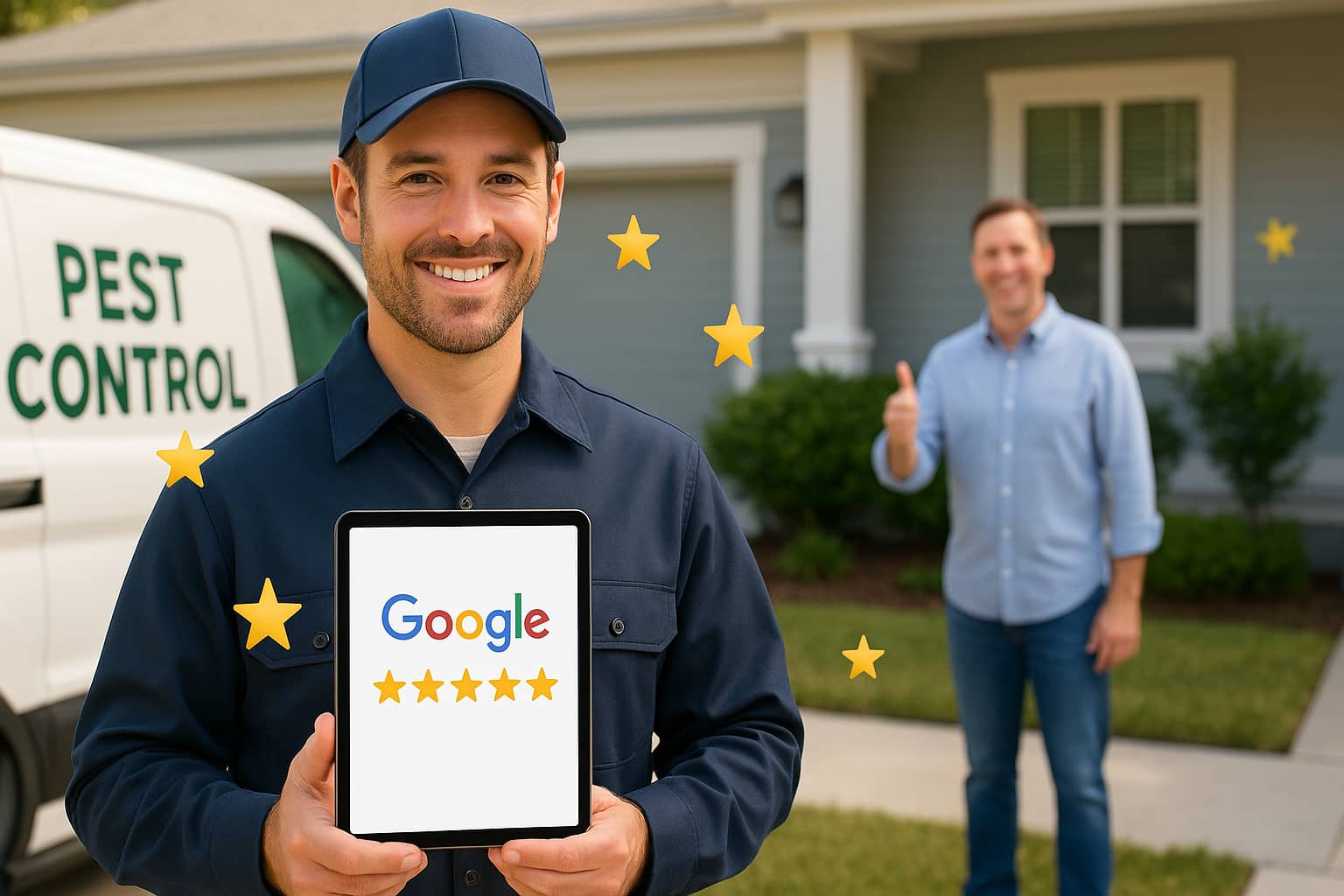 Pest control technician showing positive customer reviews on tablet, demonstrating how pest control marketing through reviews generates leads.