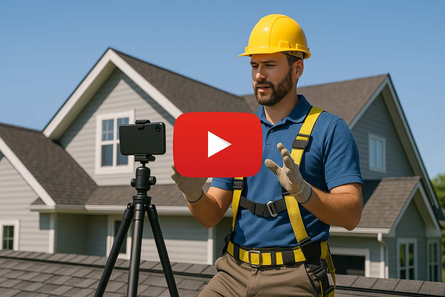 Professional roofer creating YouTube marketing video content for roofing lead generation and digital marketing.