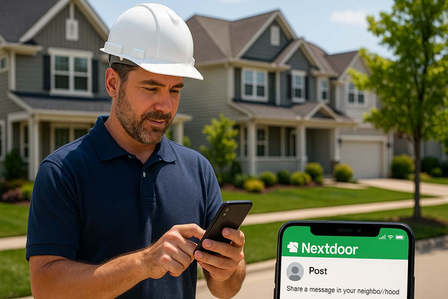 Roofing contractor using Nextdoor app for digital marketing to generate roofing leads in local neighborhood.