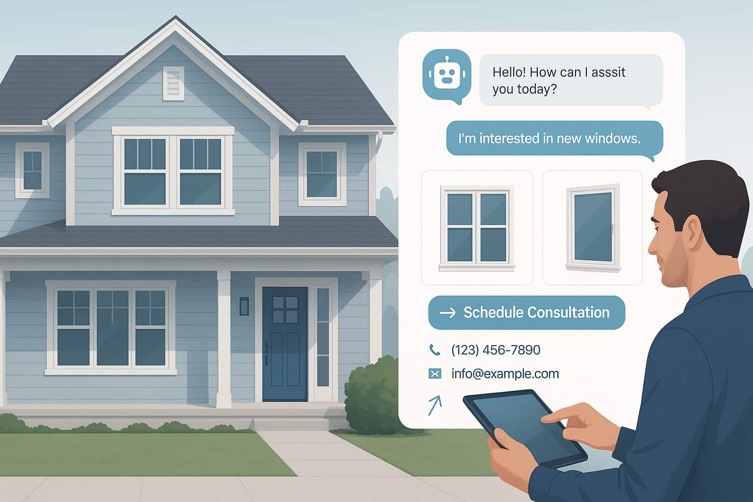 AI chatbot helping homeowners choose replacement windows and doors for lead generation and conversion.