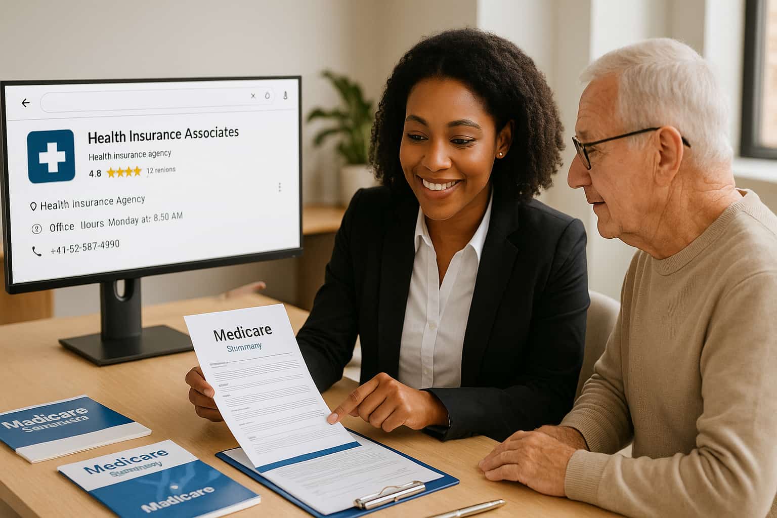 Health insurance agent helping Medicare client with Google Business Profile optimization for generating more health insurance leads.