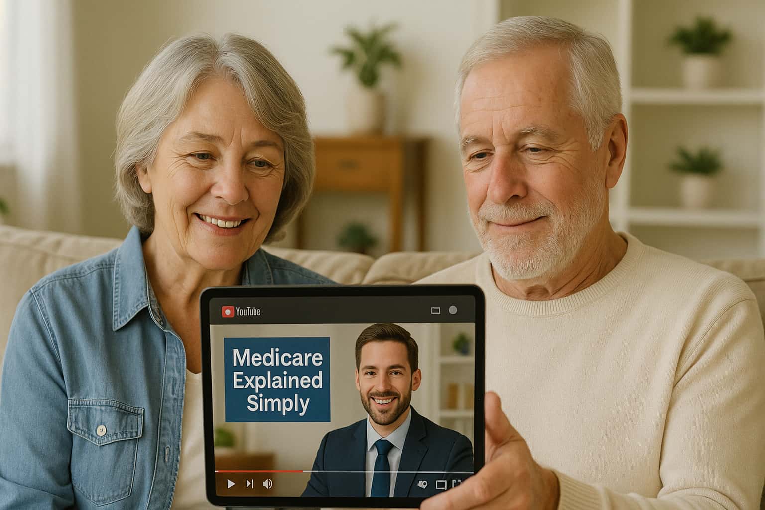 Senior couple watching Medicare explained simply YouTube videos for health insurance leads and education at home.