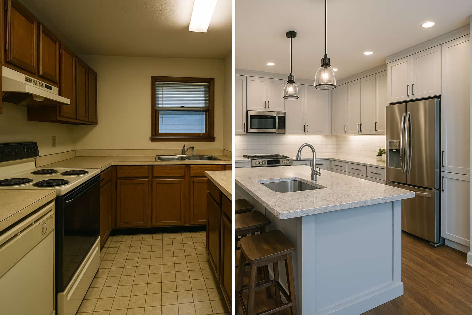Kitchen remodeling before and after transformation showing outdated brown cabinets renovated into modern white kitchen with island and stainless steel appliances.