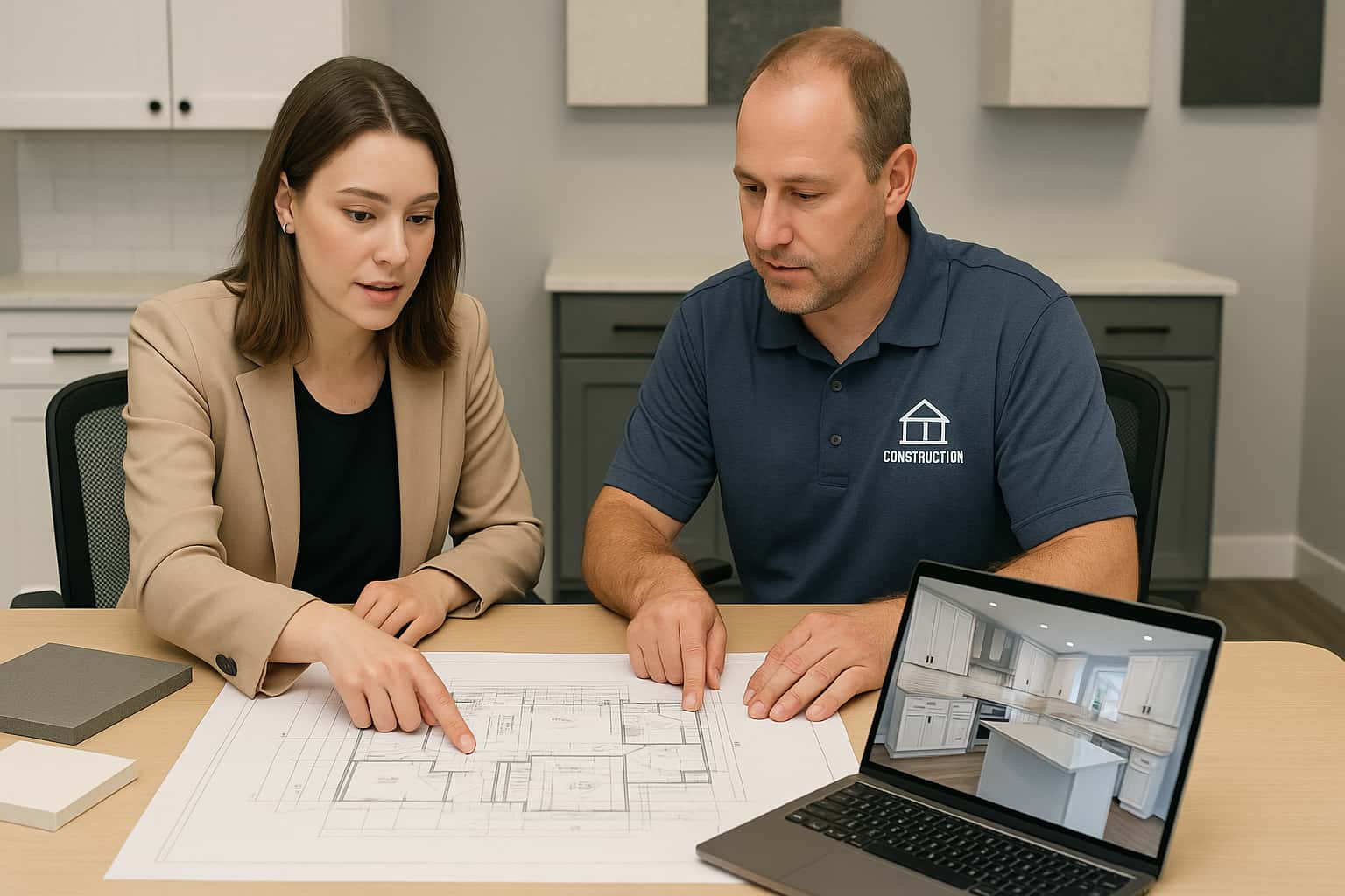 Interior designer and home improvement contractor collaborating on kitchen remodeling leads and bathroom renovation plans for successful lead generation partnership.