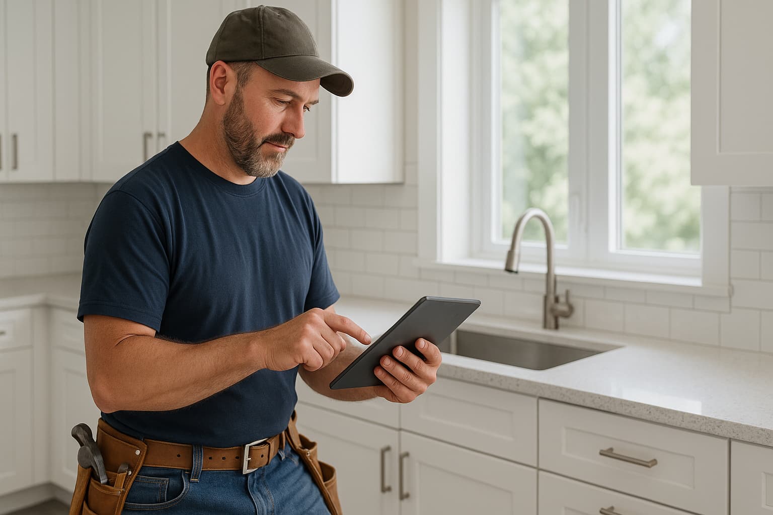 Remodeling contractor using tablet in modern white kitchen to manage project tasks and customer reviews, showcasing professional home improvement workflow.