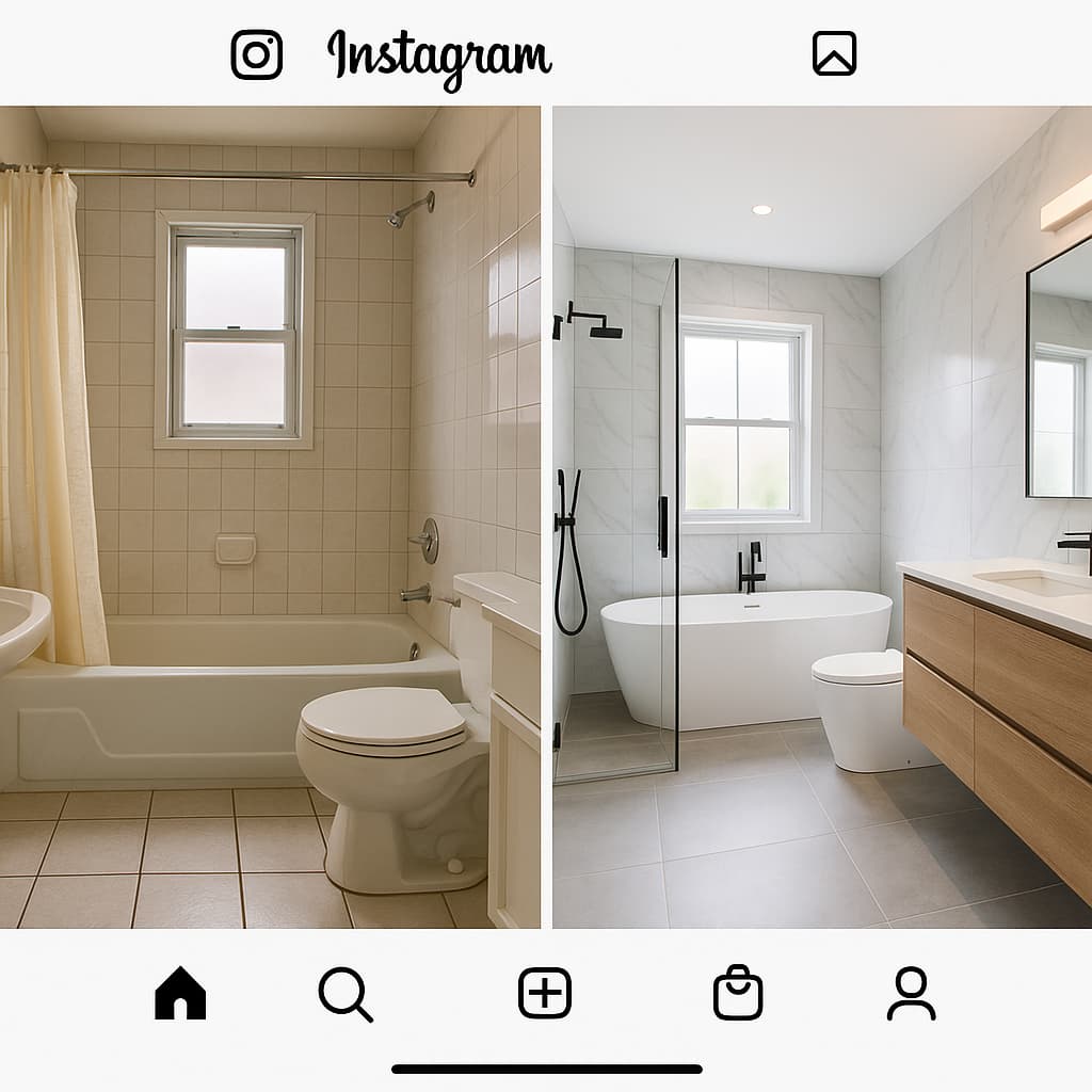 Instagram before and after bathroom remodeling transformation showing lead generation potential for home improvement businesses.