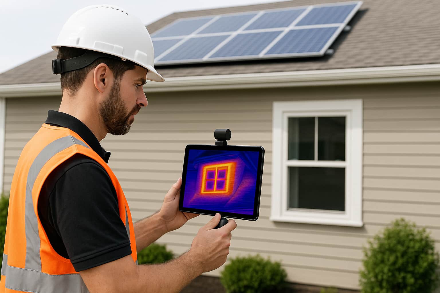 Solar installer performing home energy check with thermal imaging to maximize solar ROI and generate quality solar leads.