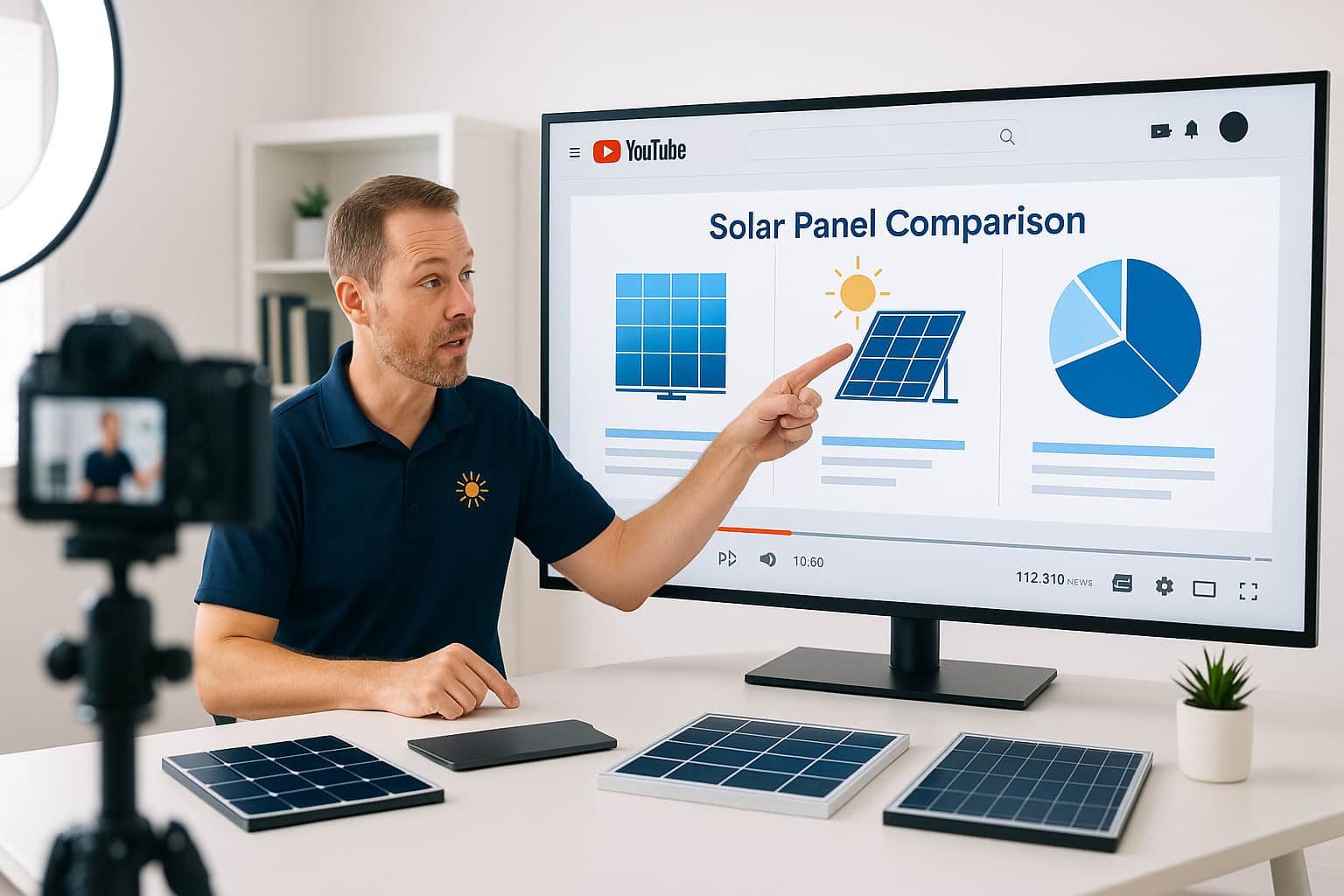 Solar company owner creating educational YouTube videos for digital marketing lead generation with professional studio setup and solar panel comparison content.