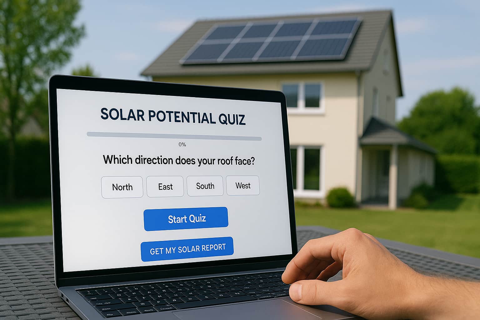 Interactive solar potential quiz interface on laptop showing lead generation form for solar companies to convert website visitors into qualified leads.