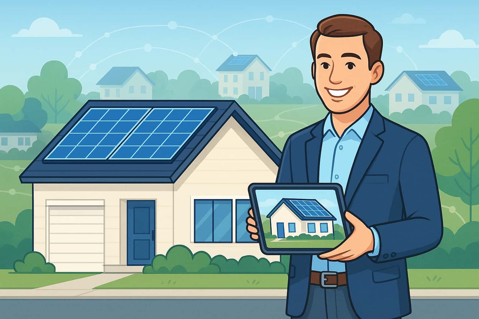 Door-to-door solar lead generation system showing sales representative with tablet technology mapping neighborhood solar potential.