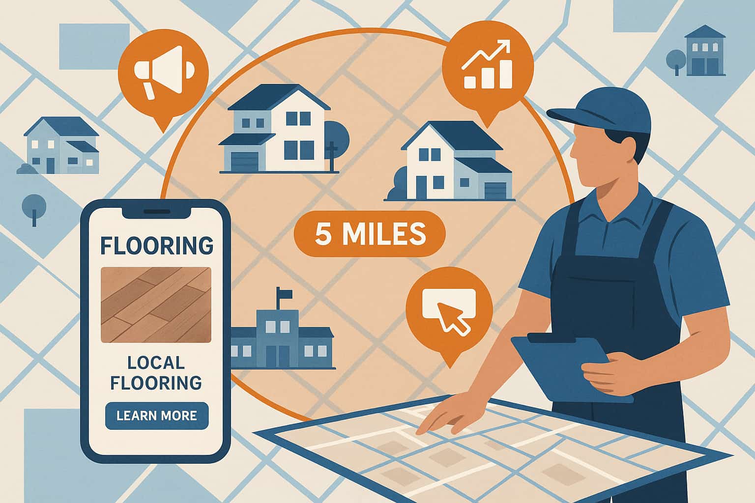 Flooring lead generation service using 5-mile radius targeting for local digital marketing and exclusive flooring leads.