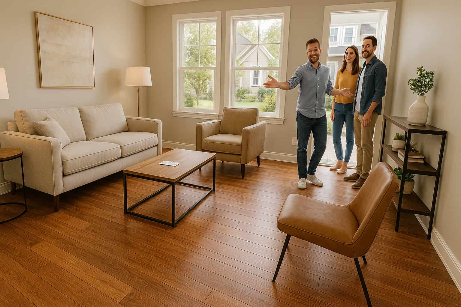 Happy homeowner showing beautiful hardwood flooring installation to neighbors in modern living room, demonstrating flooring lead generation through referrals.