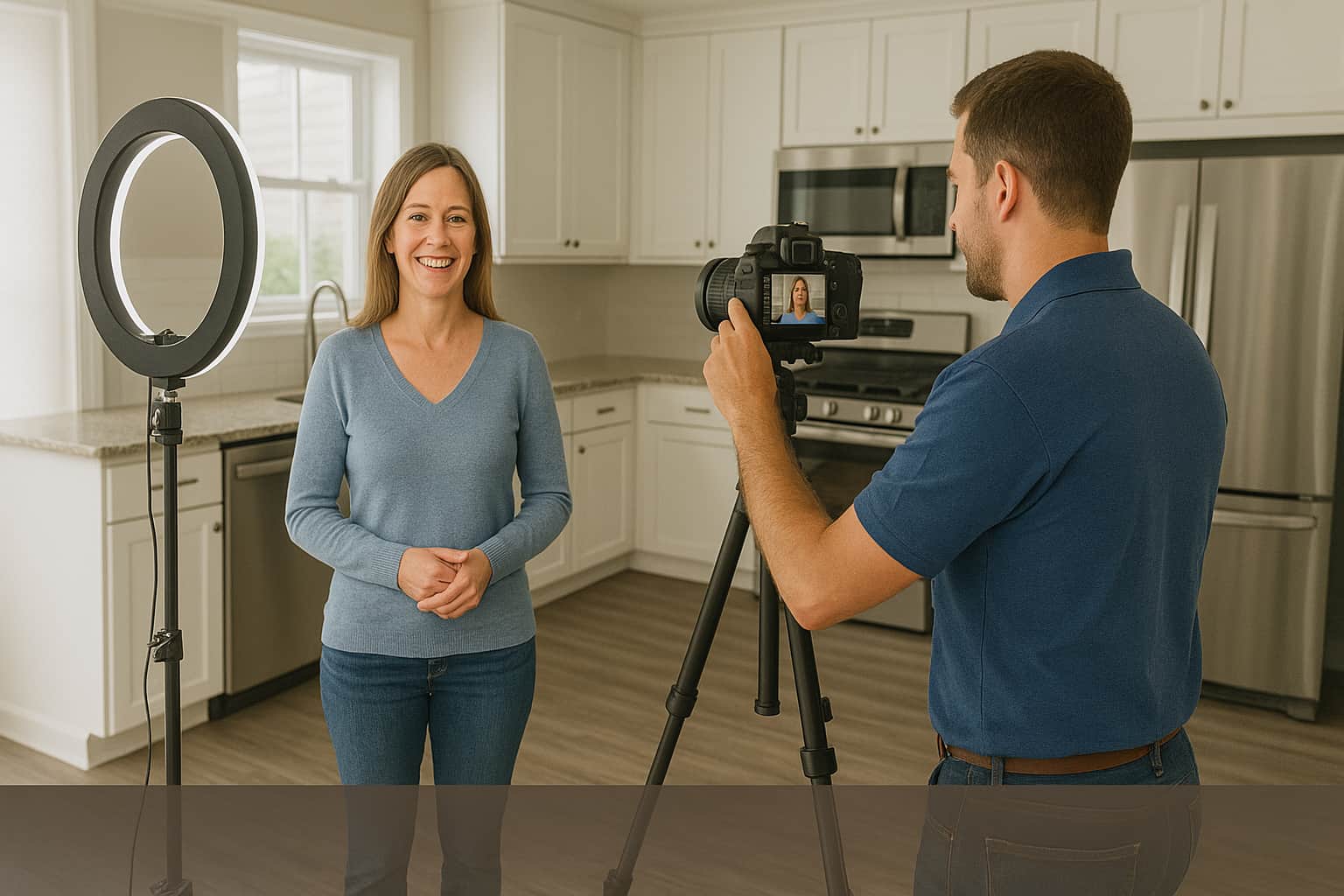 Flooring contractor creating customer testimonial video for lead generation service in renovated kitchen with luxury vinyl flooring.