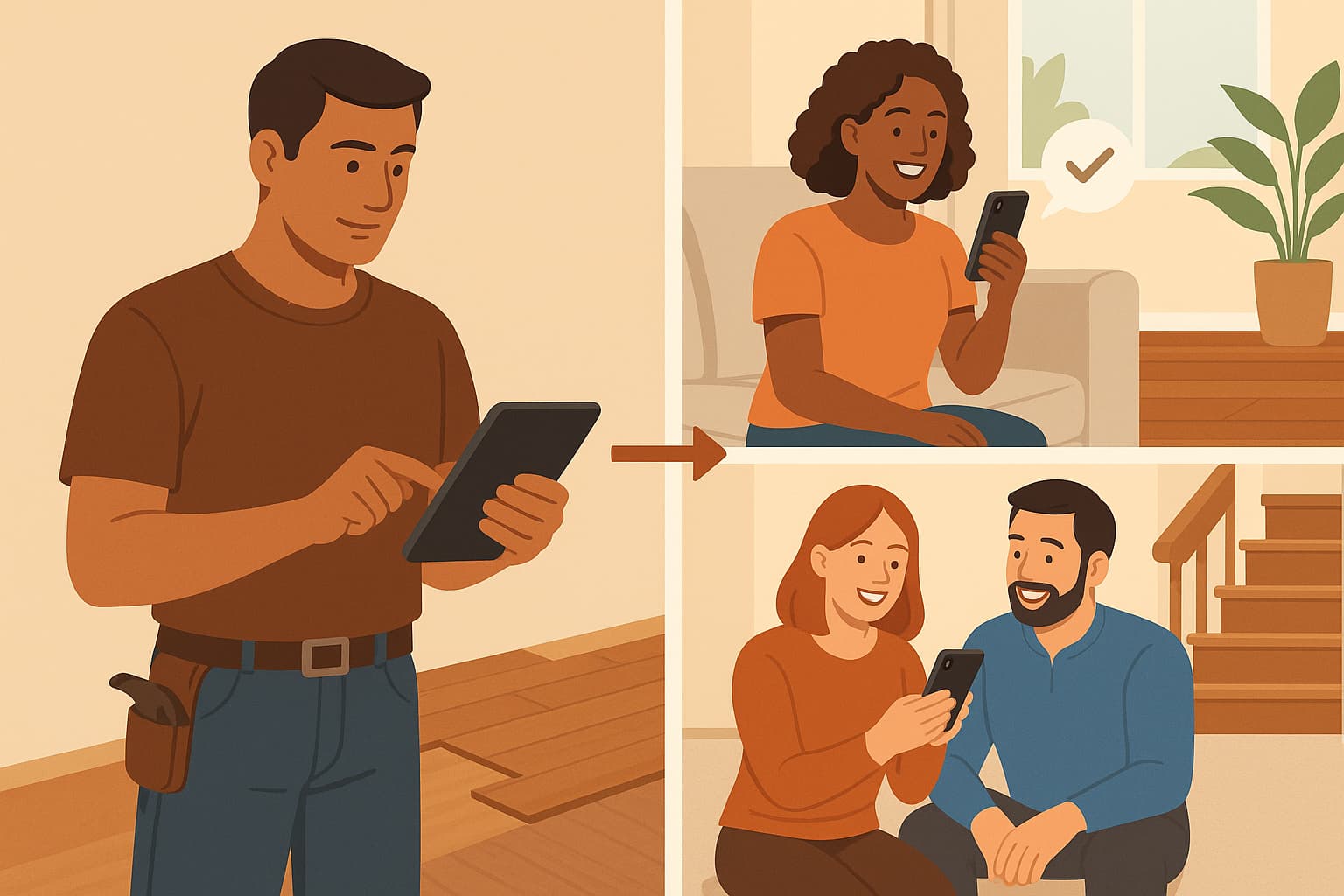 Flooring lead generation service automation showing contractor connecting with customers through digital marketing for long-term flooring business growth.