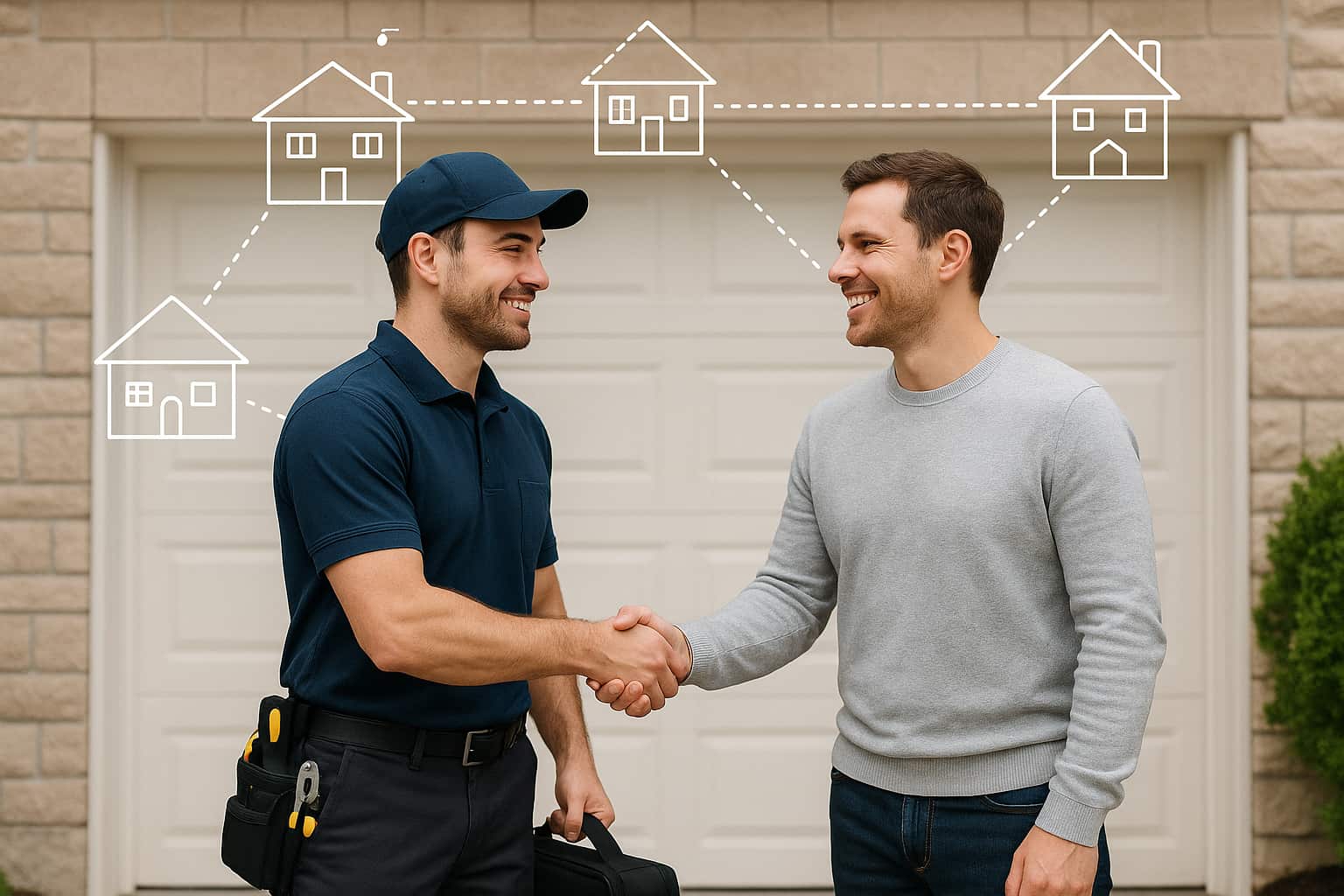 Garage door contractor building customer referral relationships through quality service and satisfied customers in residential neighborhood.