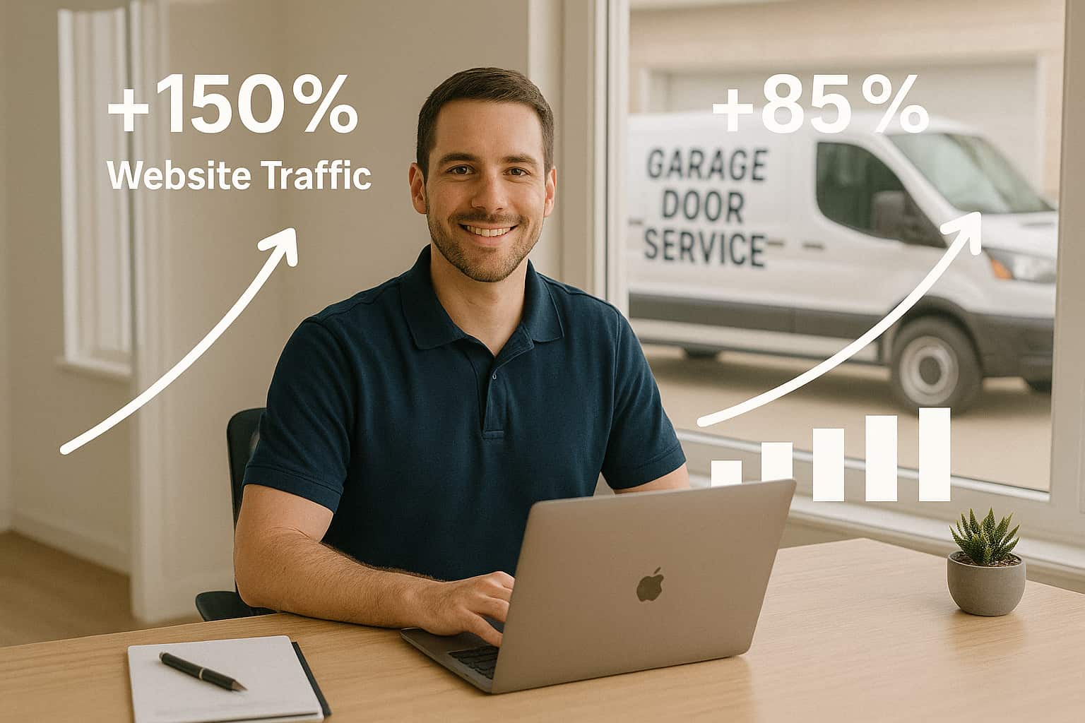 Garage door business owner tracking digital marketing success and garage door leads from knowledge center strategy.