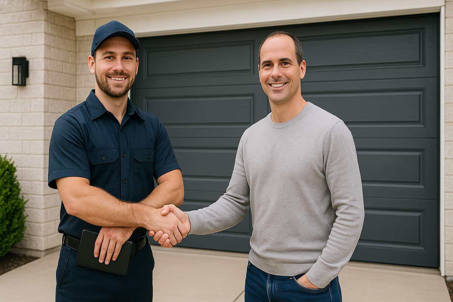 Successful garage door business owner completing installation and generating leads through professional service and digital marketing strategies.