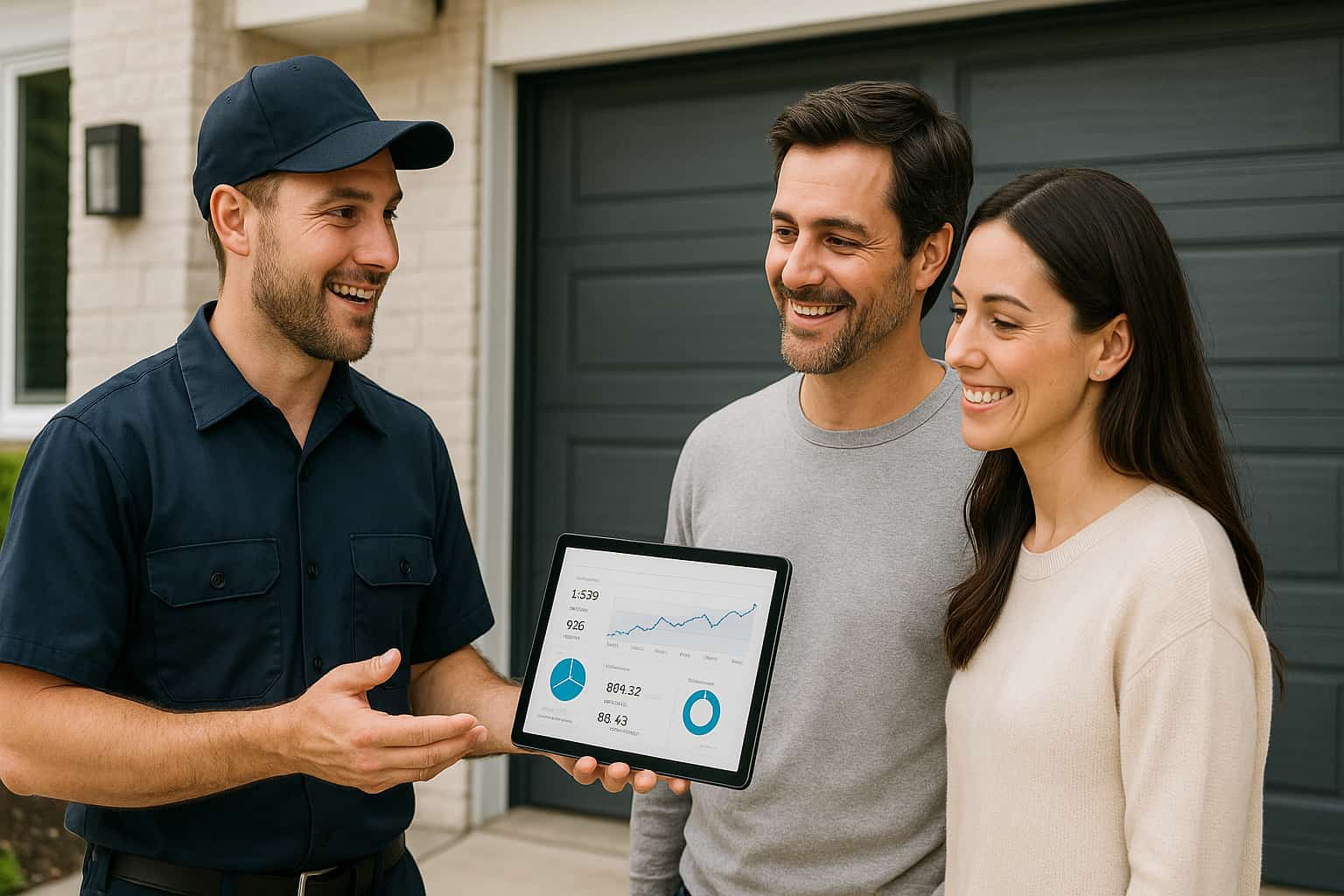 Garage door service professional discussing digital marketing lead generation strategy with homeowners outside residential garage.