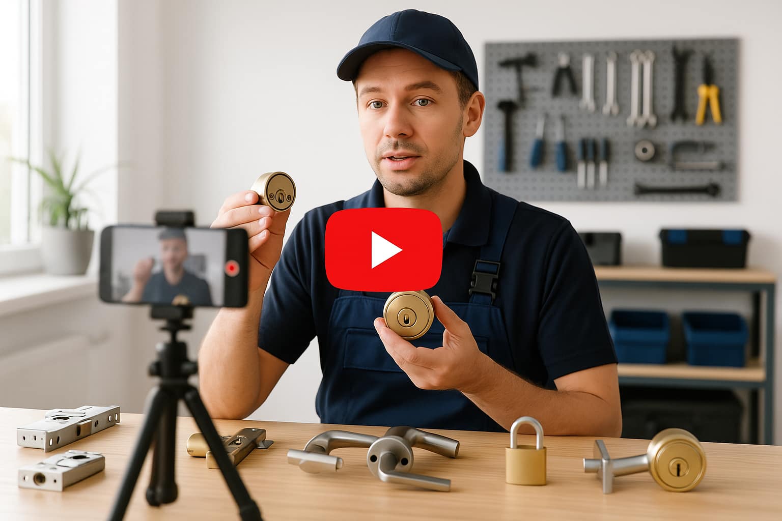 Locksmith creating YouTube marketing video tutorial showing lock installation to generate locksmith leads.