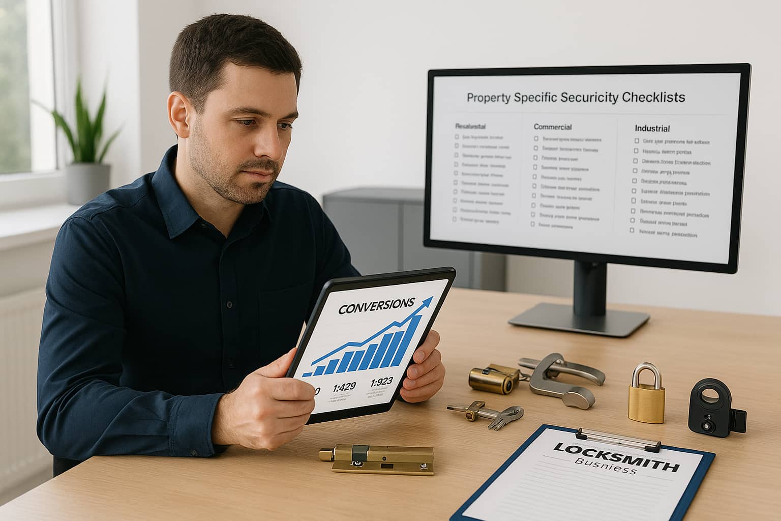 Locksmith business owner analyzing lead generation success from property-specific security checklists showing increased conversion rates.