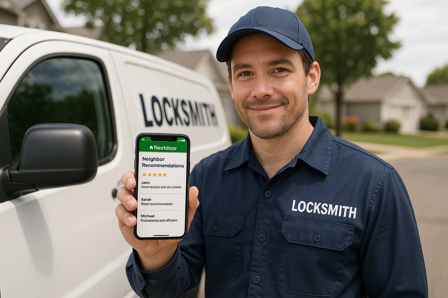 Professional locksmith using Nextdoor app to generate leads and connect with neighborhood customers through social media recommendations.