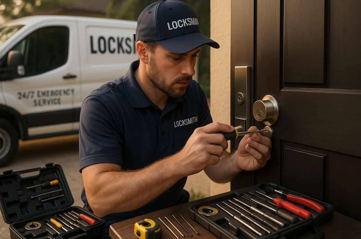 Professional emergency locksmith technician installing door lock with specialized tools - 24/7 locksmith services for residential and commercial properties.