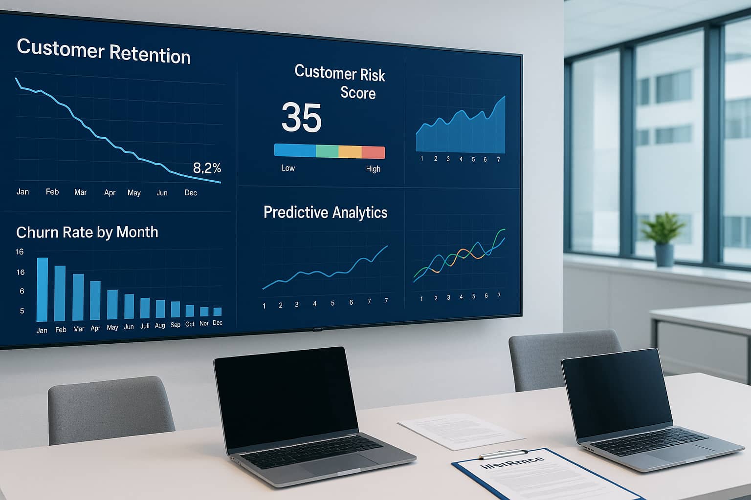 Auto insurance predictive analytics dashboard showing customer retention metrics and churn reduction strategies for lead generation.
