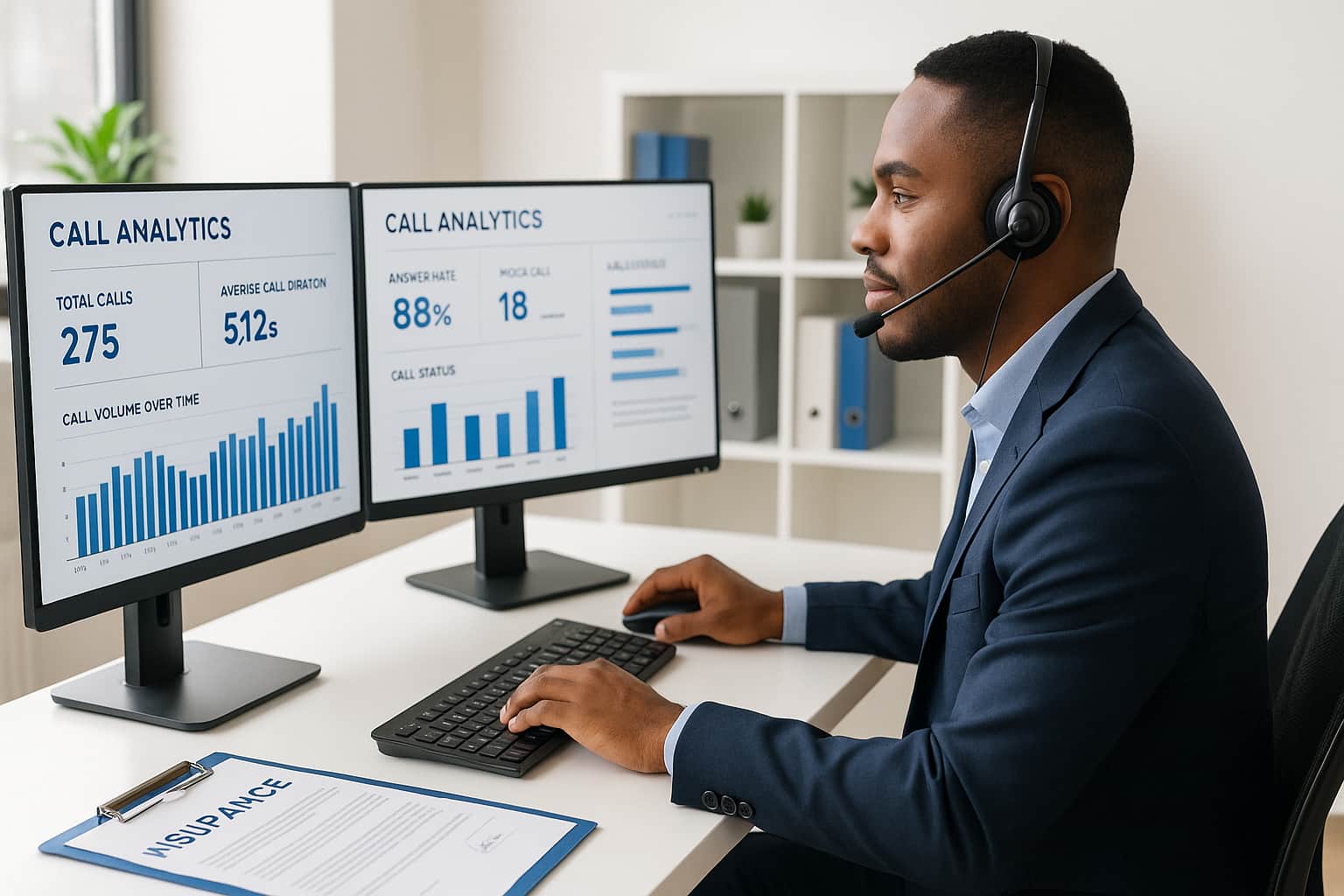 Auto insurance agent using call scoring software to improve lead conversion rates with analytics dashboard displaying quote conversion metrics.