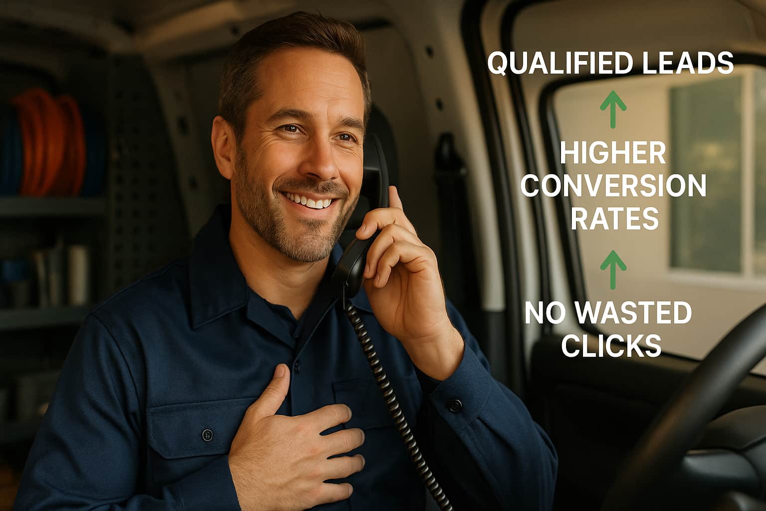 Professional home service contractor answering qualified pay per call marketing leads with success metrics overlay.