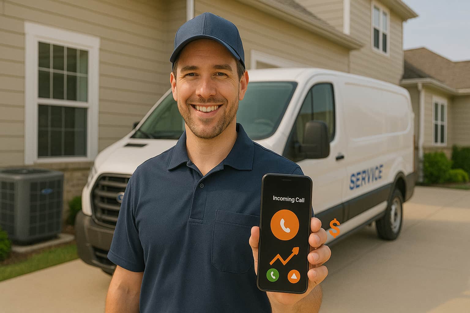Successful HVAC contractor smiling while receiving qualified pay per call leads on smartphone for high-value customer acquisition.