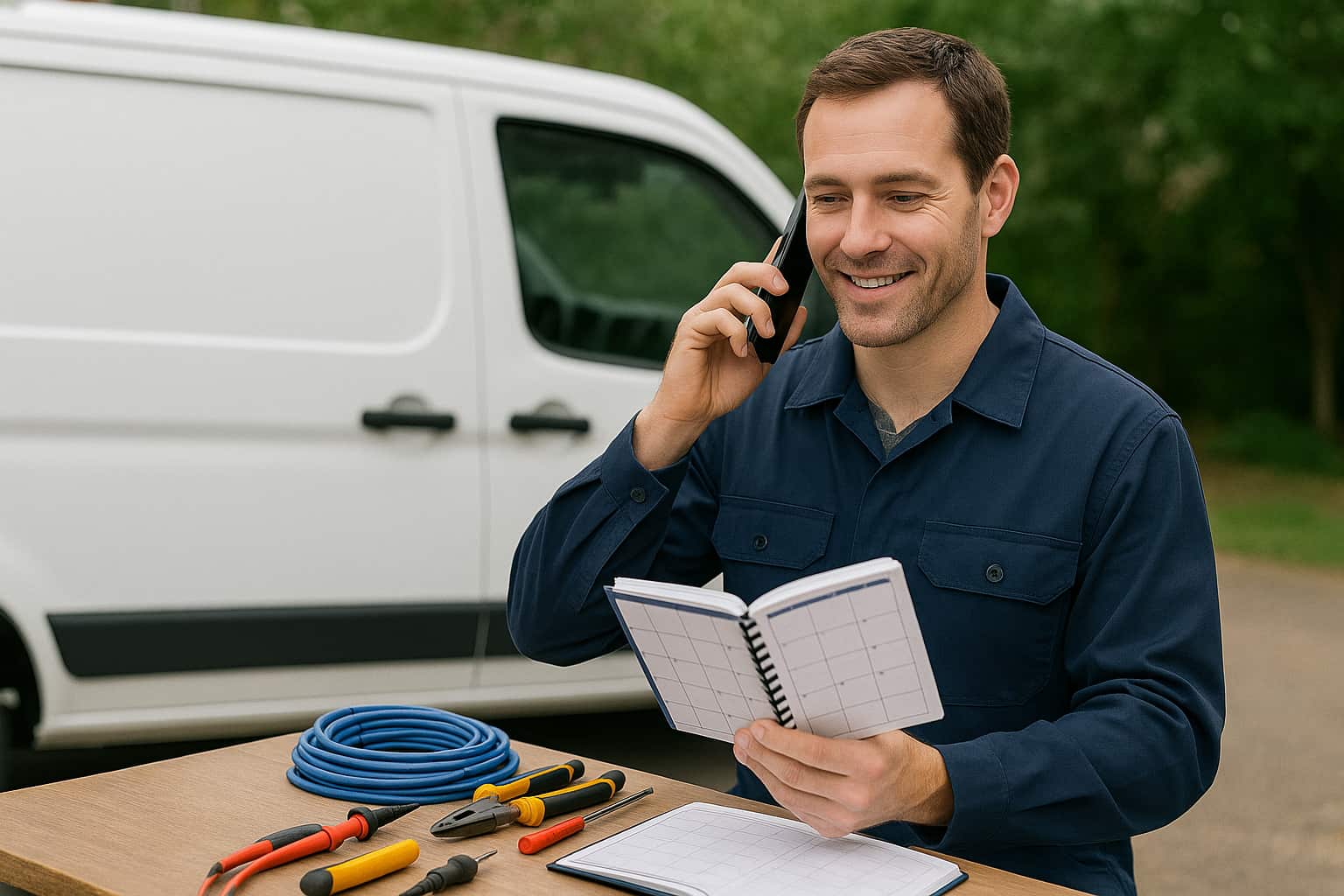 Professional electrician managing phone calls and scheduling appointments for local electrical service jobs.