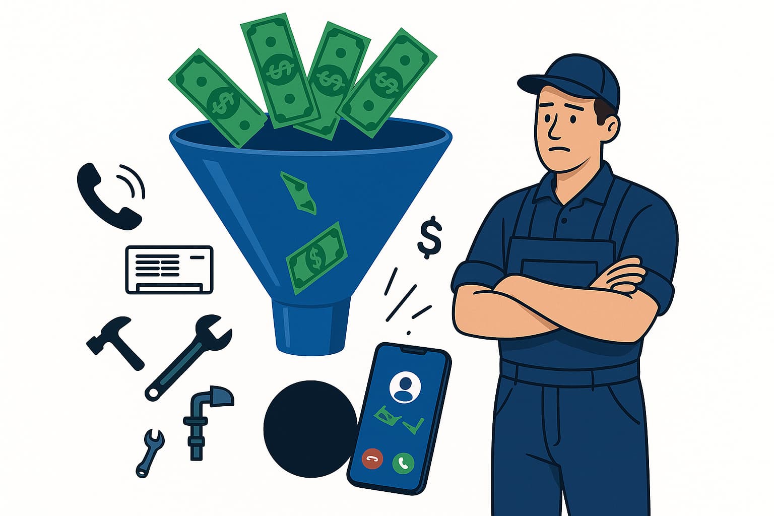 Pay per call marketing budget waste illustration showing money disappearing into black hole - common contractor lead generation mistakes.