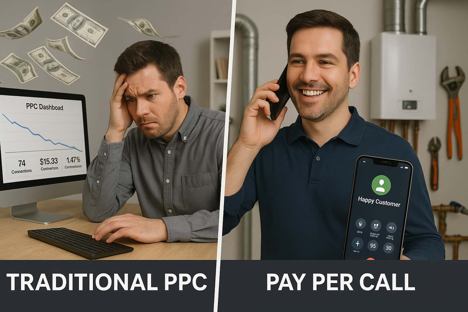 Pay per call marketing vs traditional PPC advertising comparison for home service contractors showing exclusive phone leads versus wasted clicks.